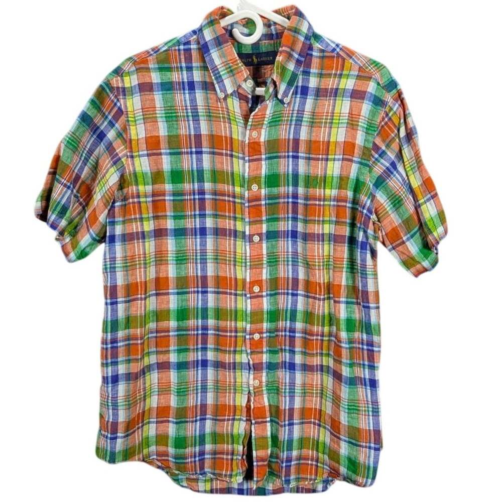 Ralph Lauren Linen Shirt Mens Large Plaid Multicolor Short Sleeve Button Down